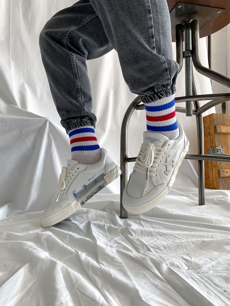 STD Mavi Kırmızı Çizgili Beyaz Uzun Çorap
