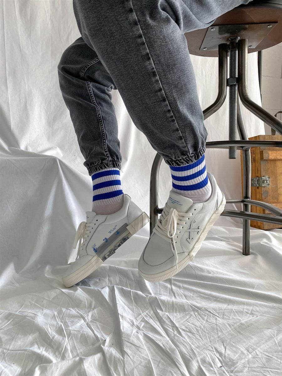 STD Mavi Çizgili Beyaz Uzun Çorap