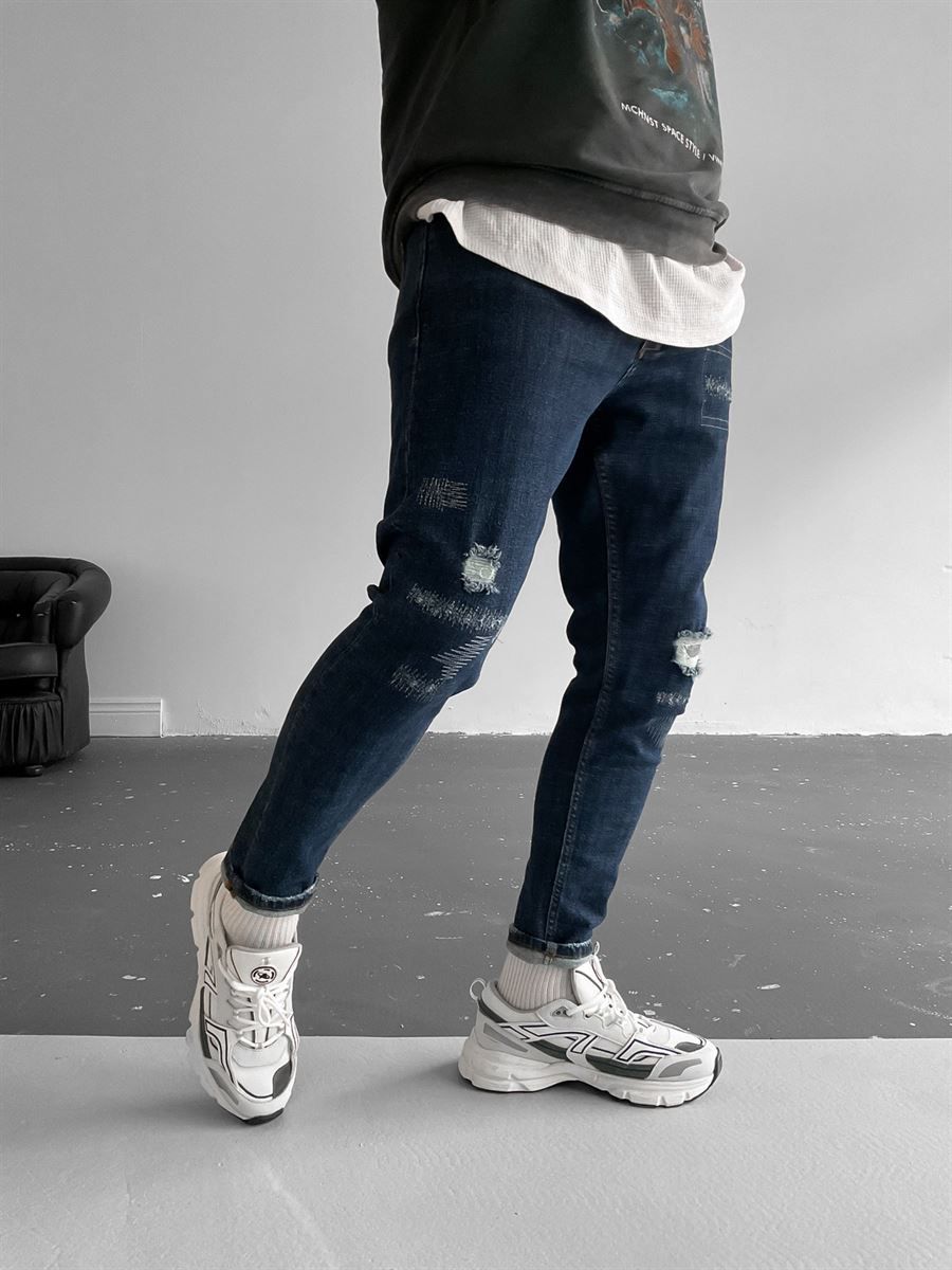 Koyu Mavi Dikiş Detaylı Slim Fit Pantolon RS-3618