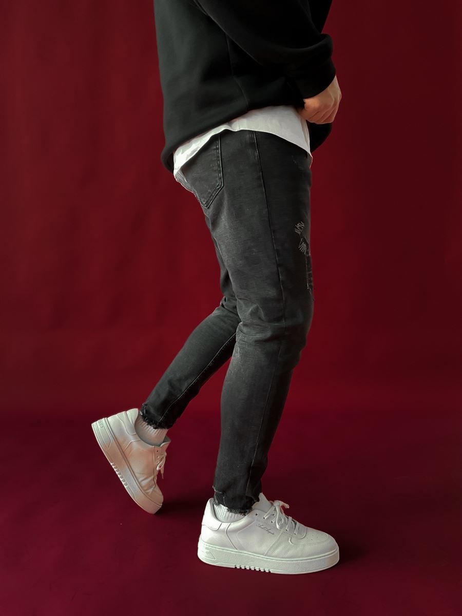Siyah Dikişli Yırtıklı Slim Fit Pantolon RS-2076-2