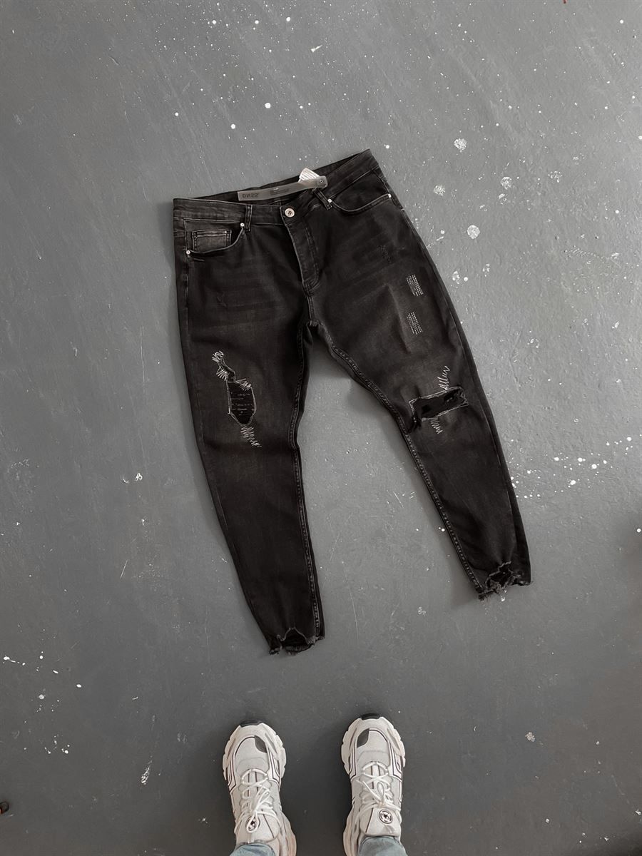 Siyah Dikişli Yırtıklı Slim Fit Pantolon RS-2076-2