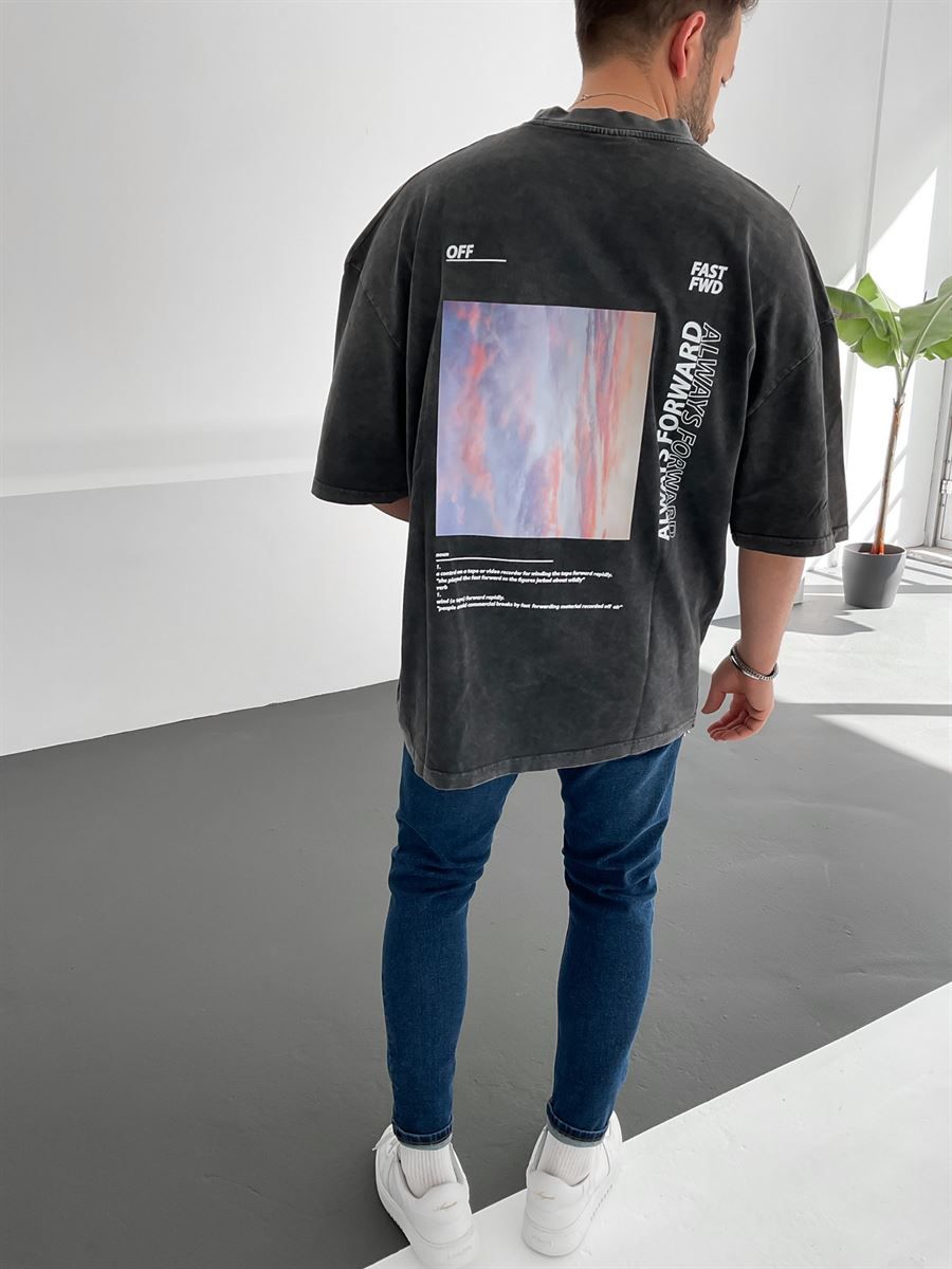 Koyu Gri Yıkamalı 1989 Baskılı T-Shirt PM-012