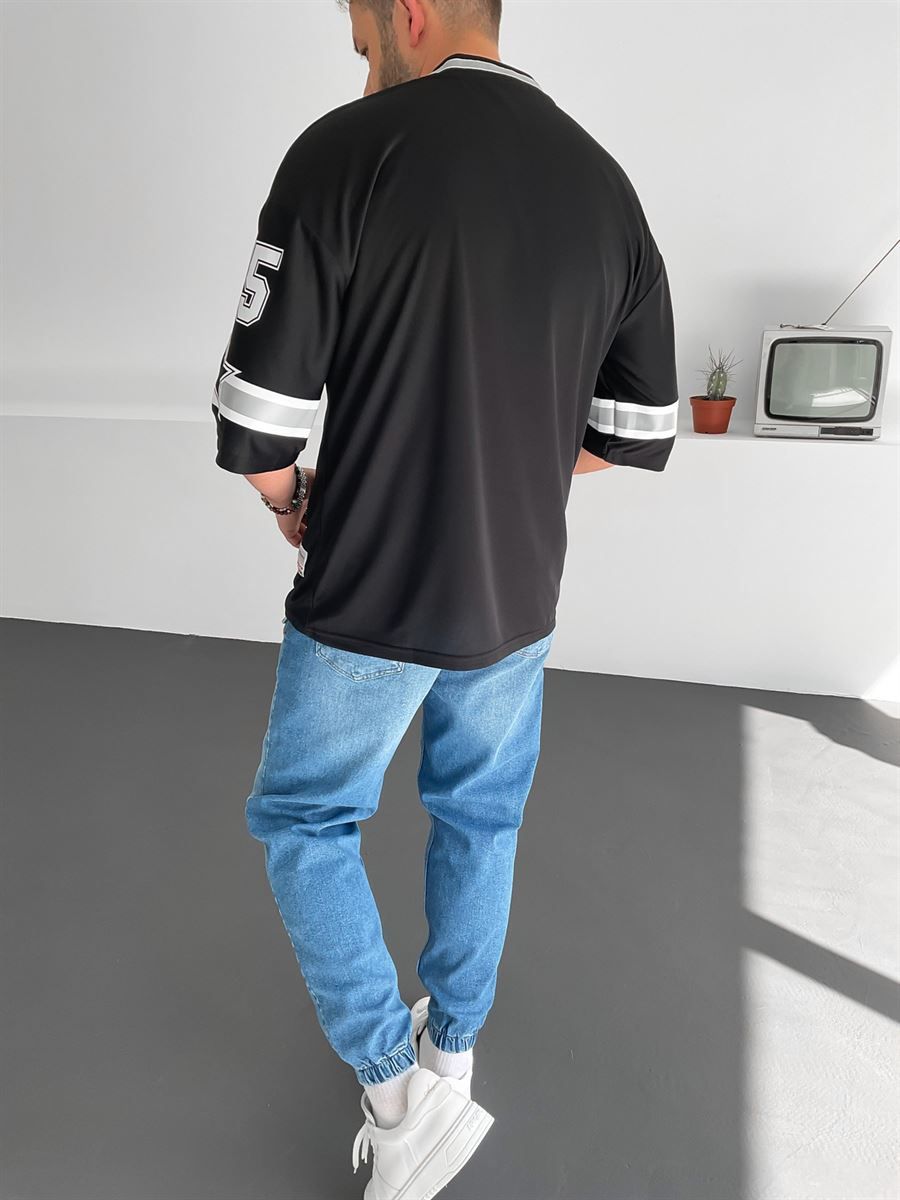 Siyah 45 Baskılı Fileli T-Shirt V-22-350