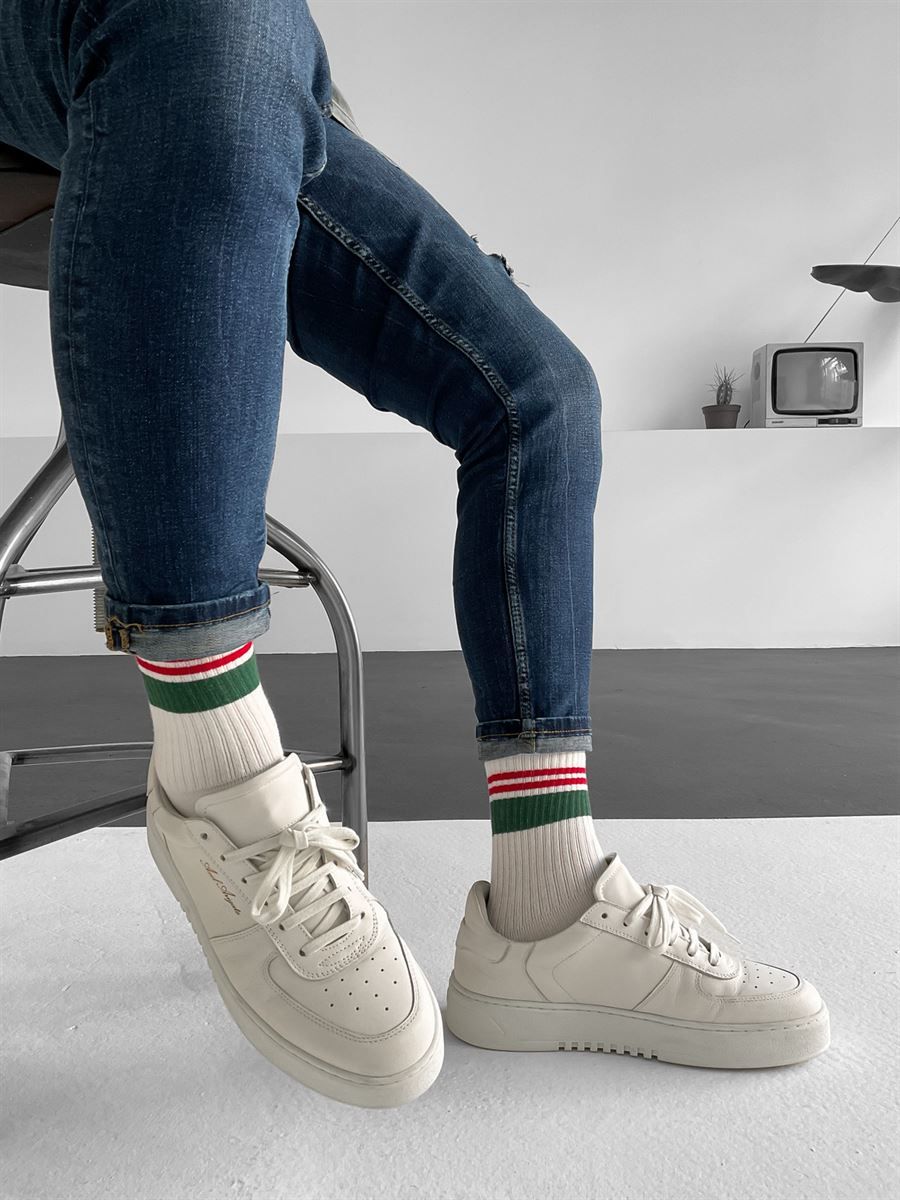 Beyaz Yeşil Kırmızı Çizgili Çorap