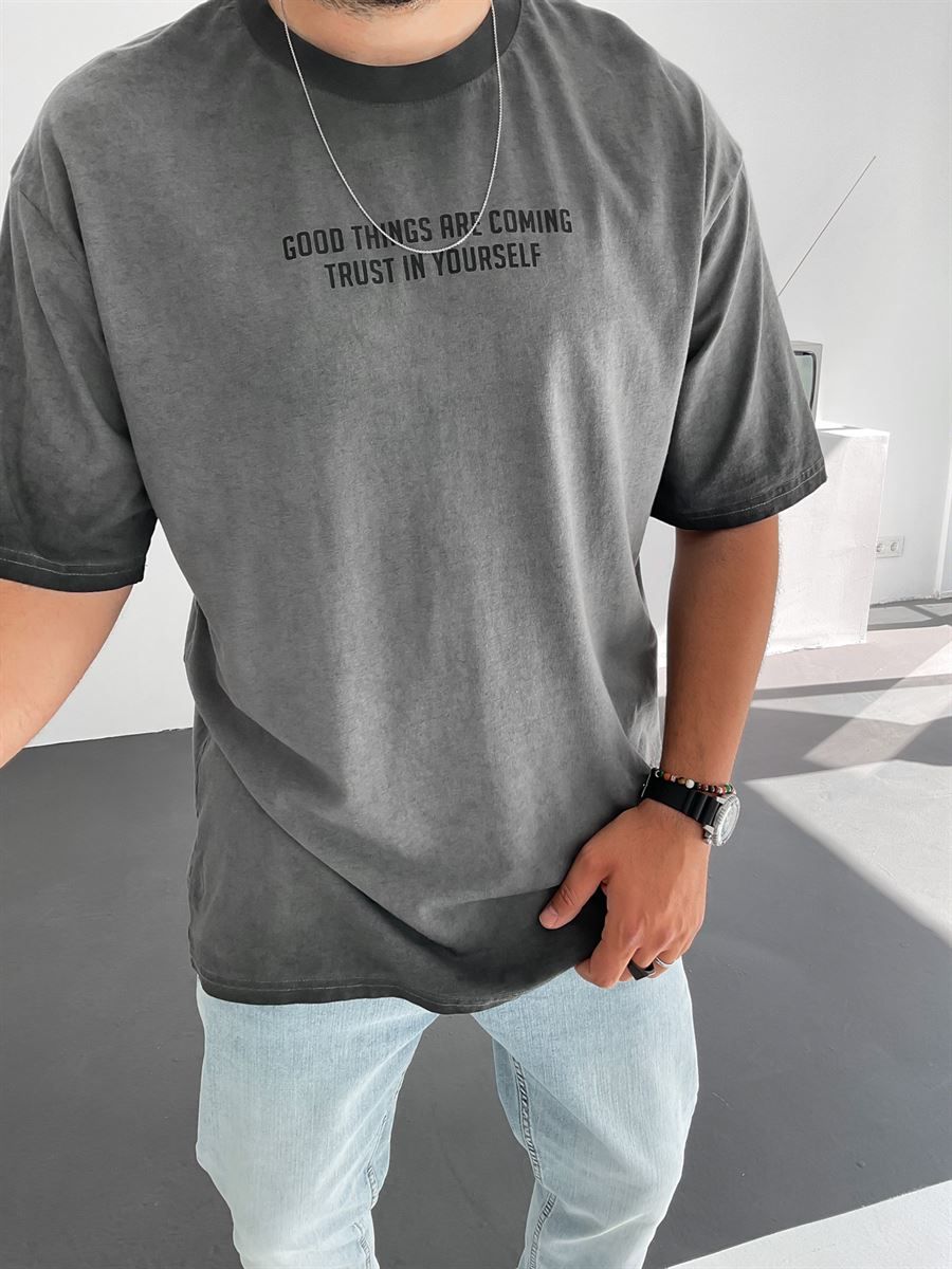 Antrasit Yıkamalı Good Things Baskılı T-Shirt C-801