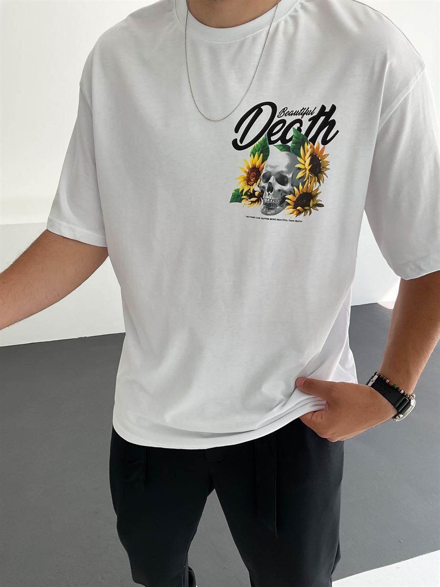 Beyaz Death Baskılı T-Shirt C-823