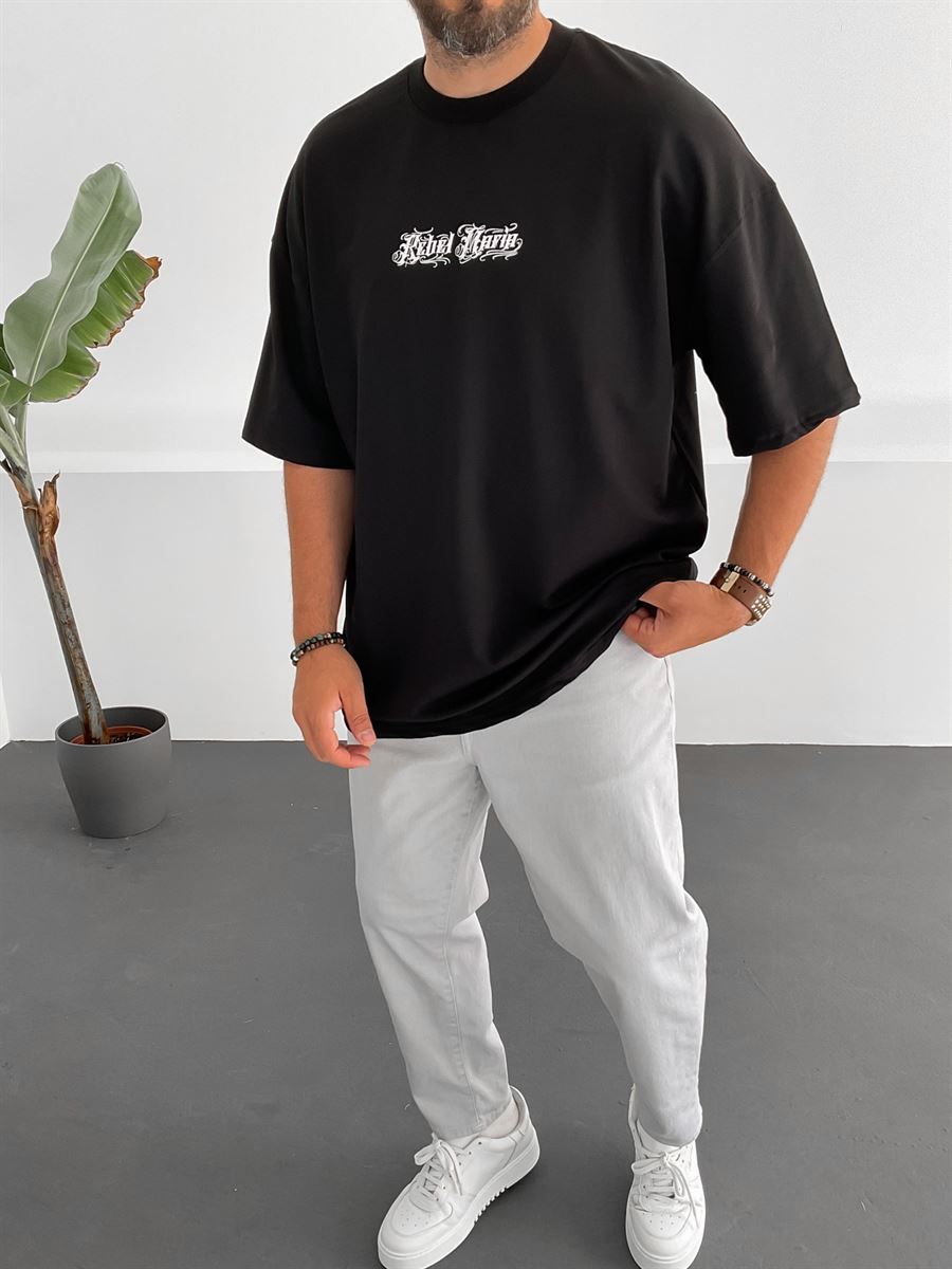 Siyah İki İplik Rebel Mafia Baskılı T-Shirt M-1741