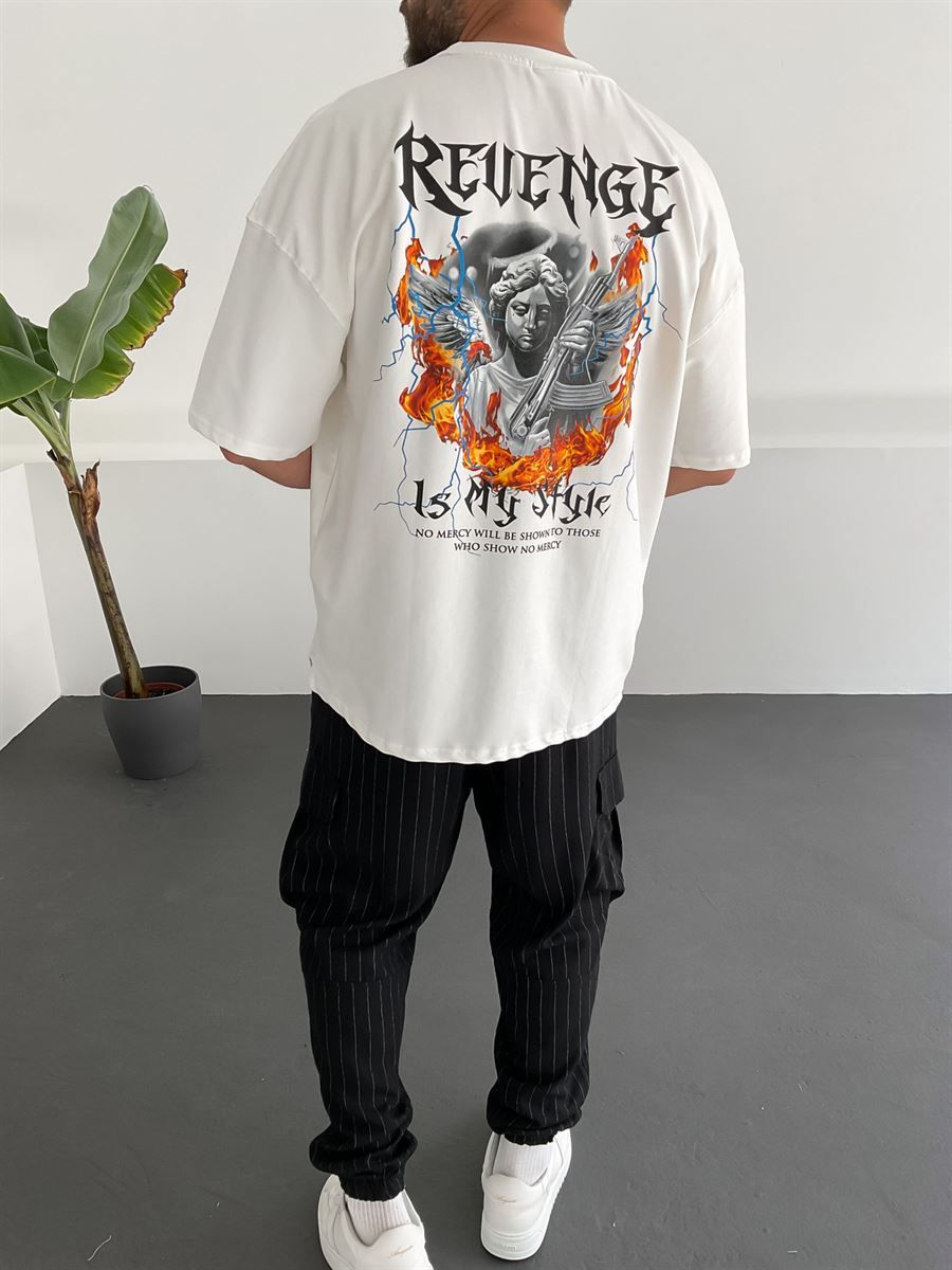 Beyaz İki İplik Revenge Baskılı T-Shirt M-1750