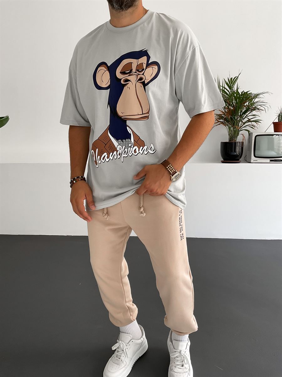 Ice Gri Monkey Baskılı T-Shirt JJ-198
