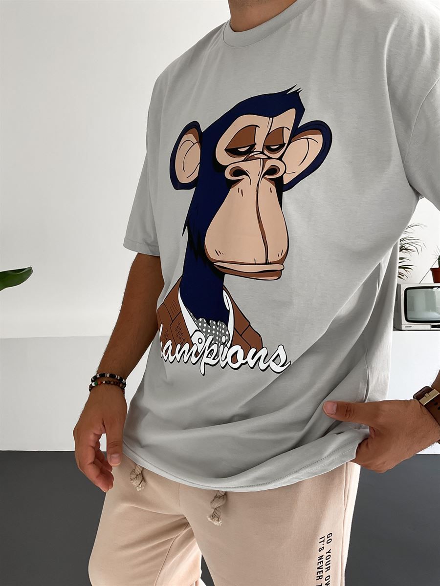 Ice Gri Monkey Baskılı T-Shirt JJ-198