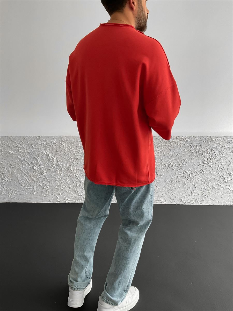 Kırmızı 3 İplik Yırtıklı T-Shirt B-2164