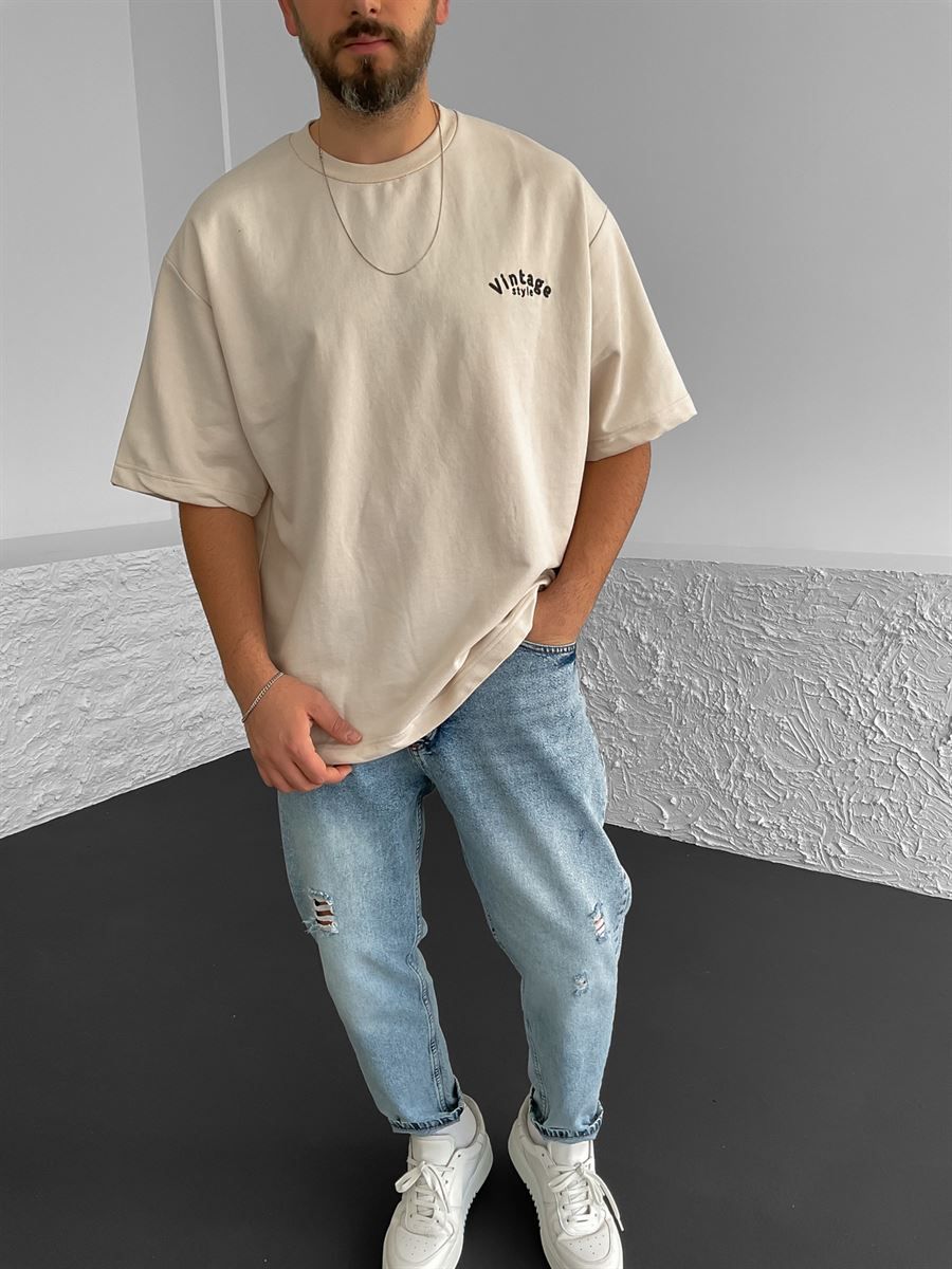 Bej Vintage Nakışlı Oversize T-Shirt BS-004