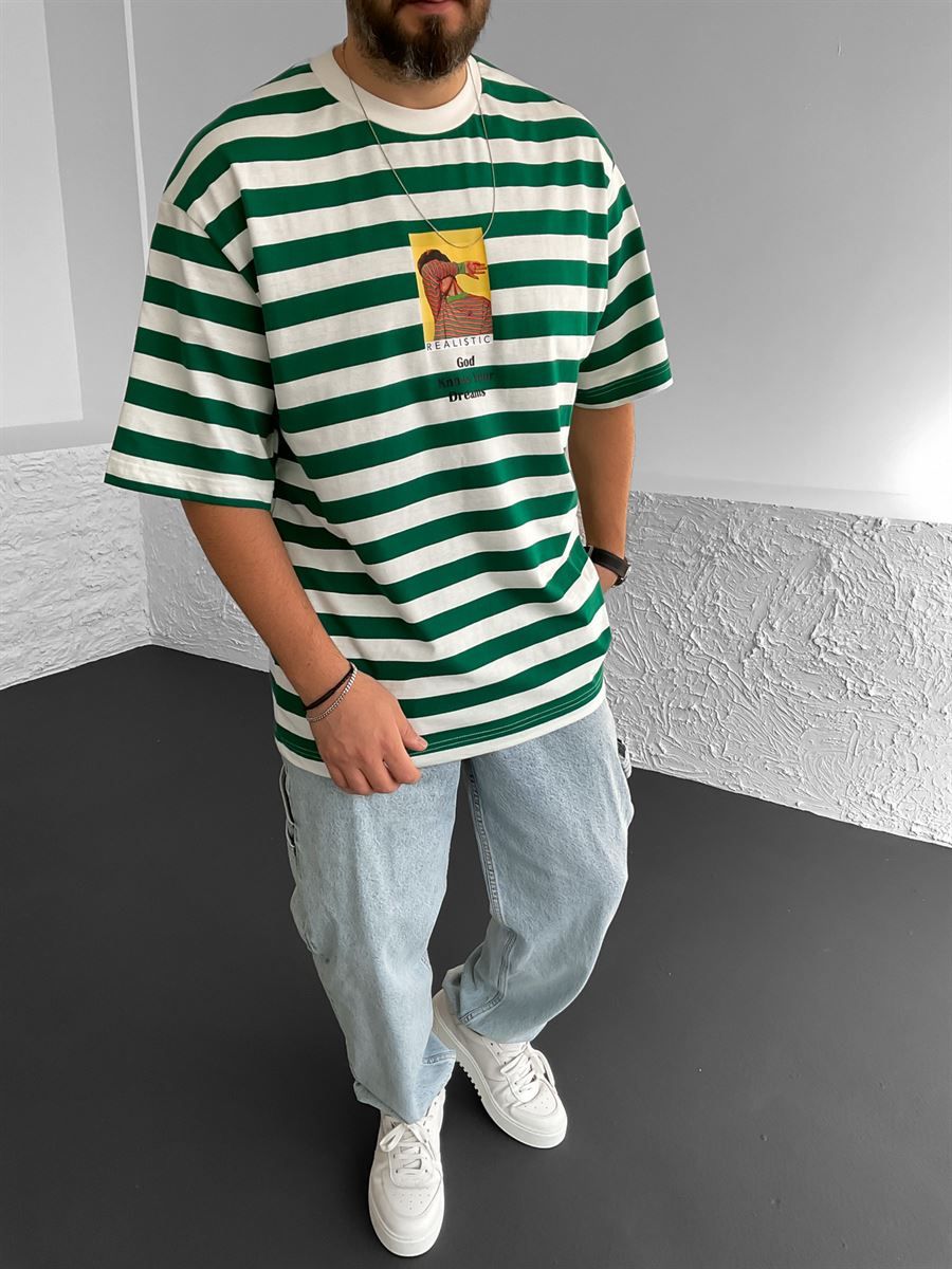 Yeşil Baskılı Çizgili Oversize T-Shirt BS-010