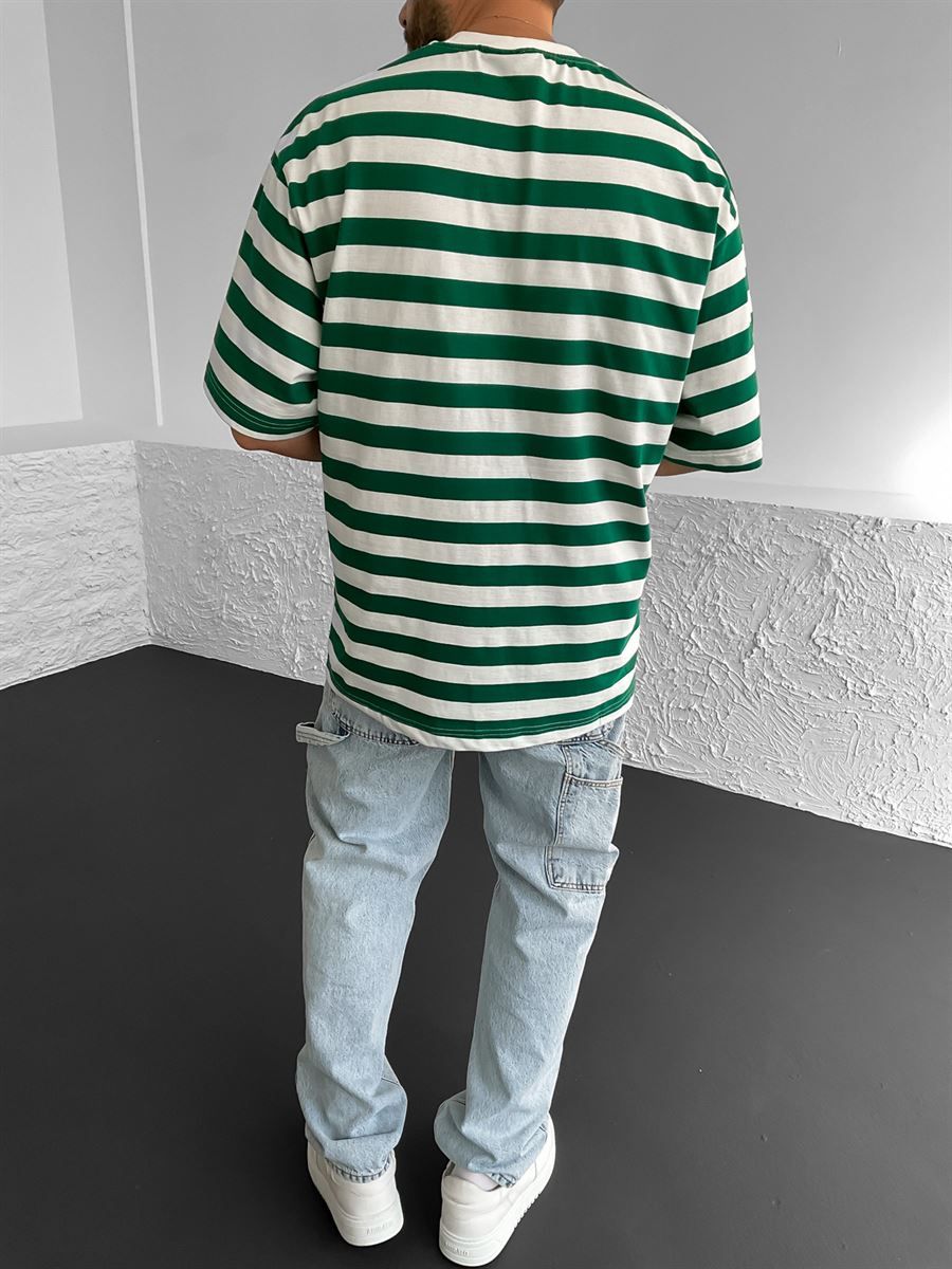 Yeşil Baskılı Çizgili Oversize T-Shirt BS-010