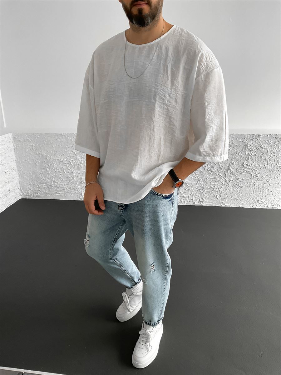 Beyaz Fakir Kol Oversize T-Shirt G-4535/9
