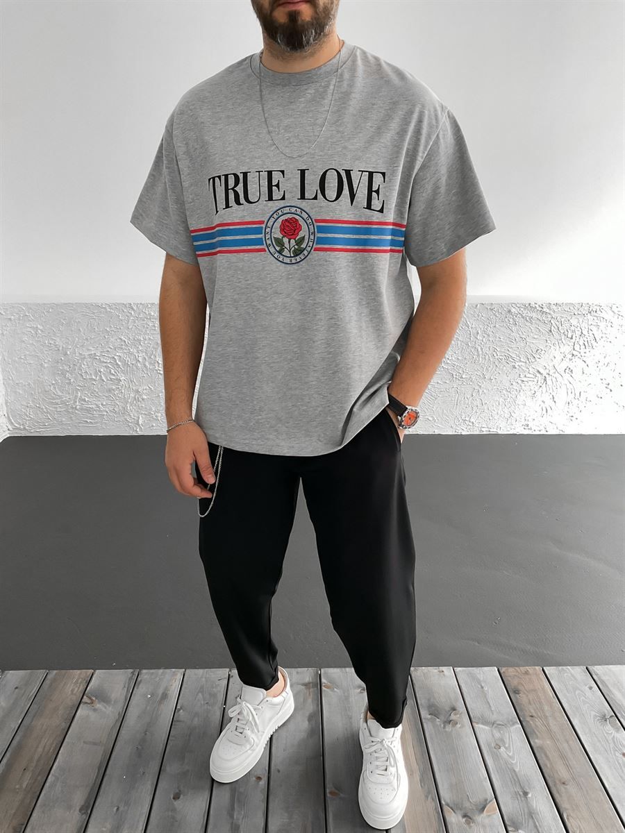 Açık Gri True Love Baskılı Oversize T-Shirt C-937