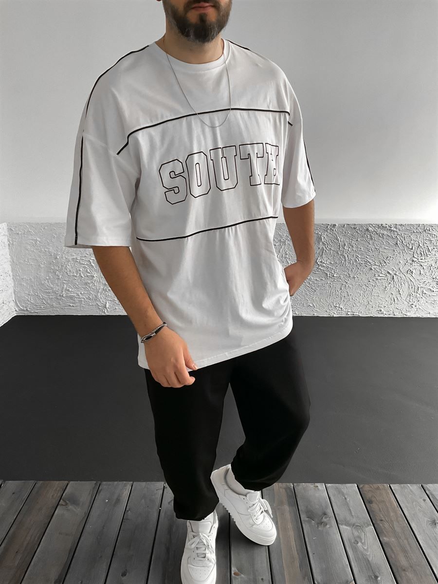 Beyaz South Baskılı Oversize T-Shirt B-1054
