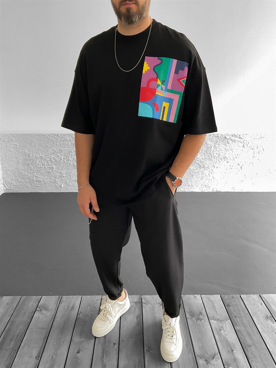 Siyah Geometrik Baskılı Oversize T-Shirt YP-2013