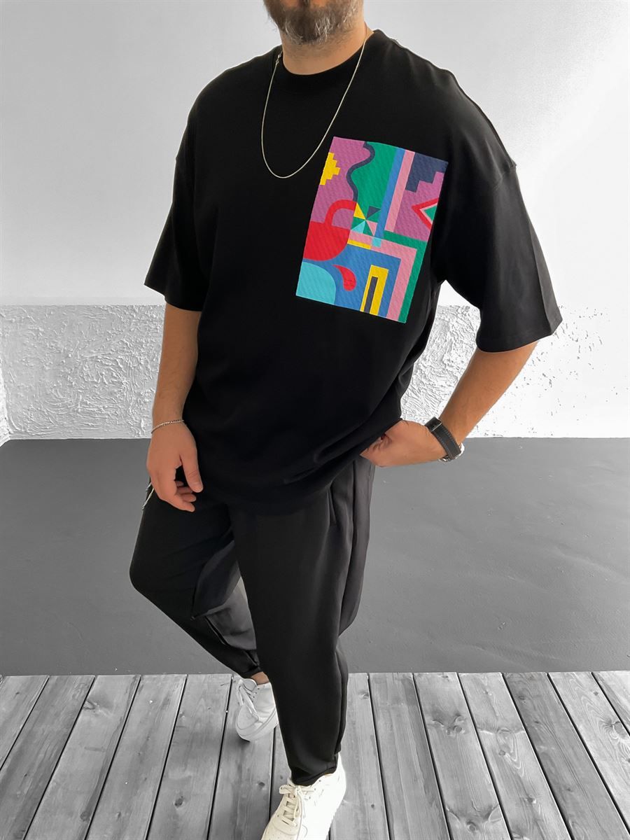 Siyah Geometrik Baskılı Oversize T-Shirt YP-2013