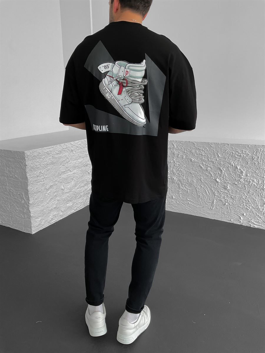 Siyah Ok Ayakkabı Baskılı Oversize T-Shirt YP-3001