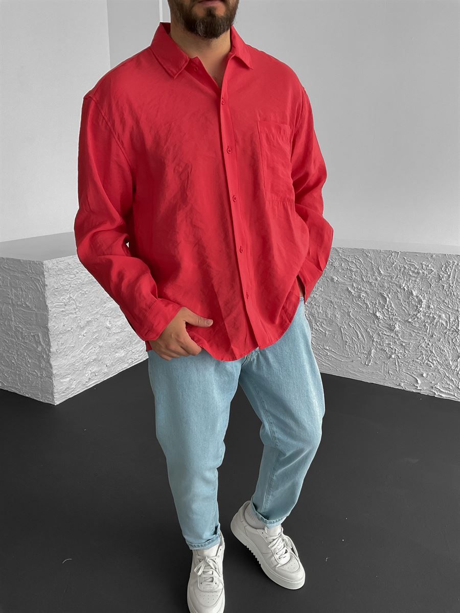 Kırmızı Uzun Kollu Oversize Gömlek G-5196