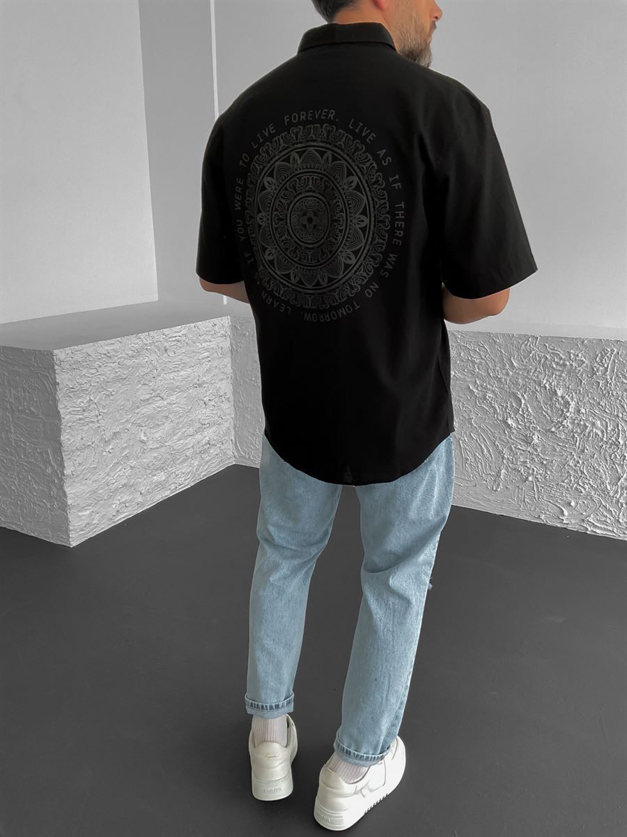 Siyah Motto Desenli Oversize Gömlek C-1621