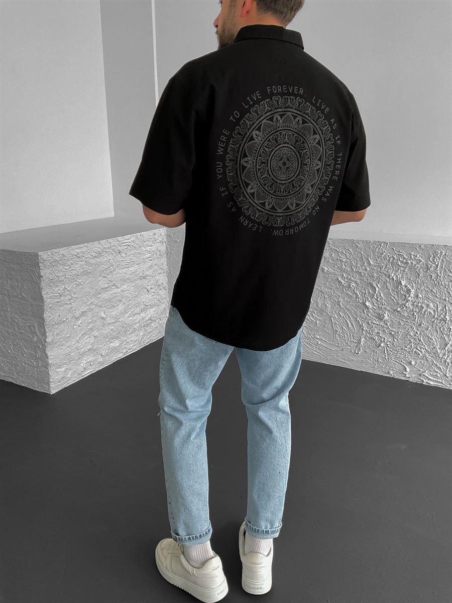 Siyah Motto Desenli Oversize Gömlek C-1621
