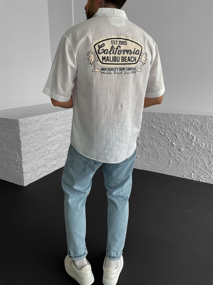Beyaz California Baskılı Oversize Gömlek C-1614