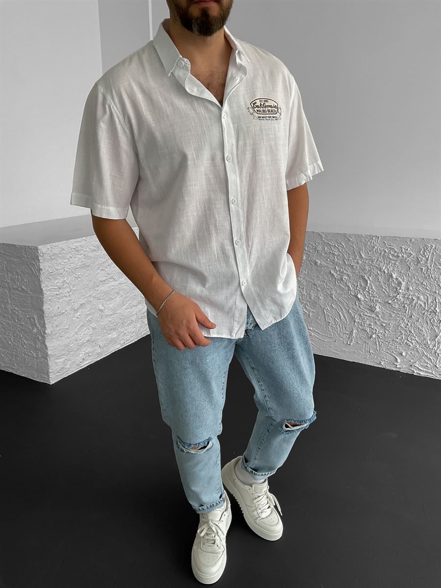 Beyaz California Baskılı Oversize Gömlek C-1614