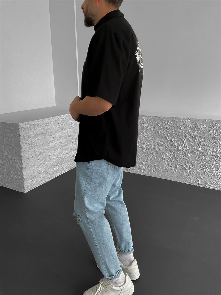 Siyah California Baskılı Oversize Gömlek C-1614