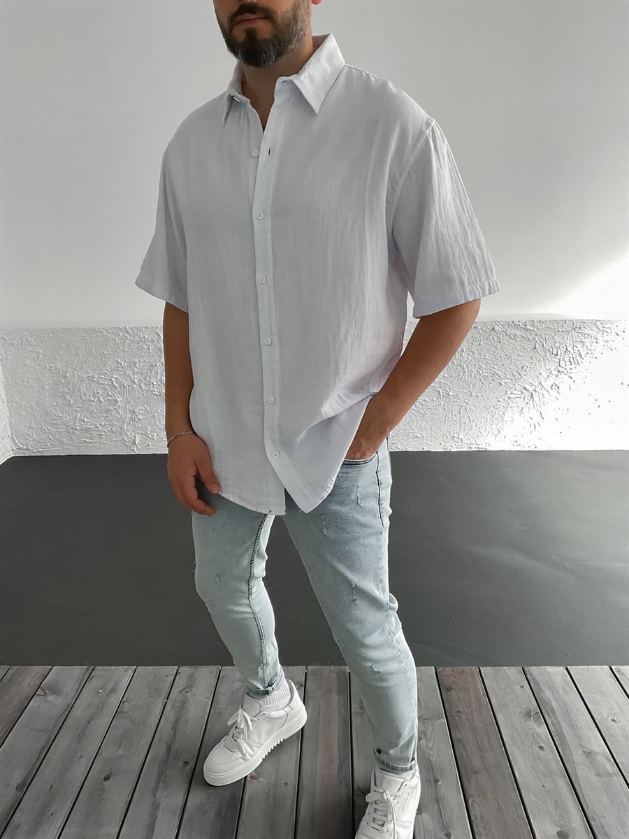 Beyaz Basic Kısa Kollu Oversize Gömlek C-1590