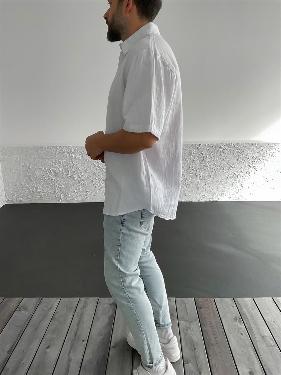 Beyaz Basic Kısa Kollu Oversize Gömlek C-1590