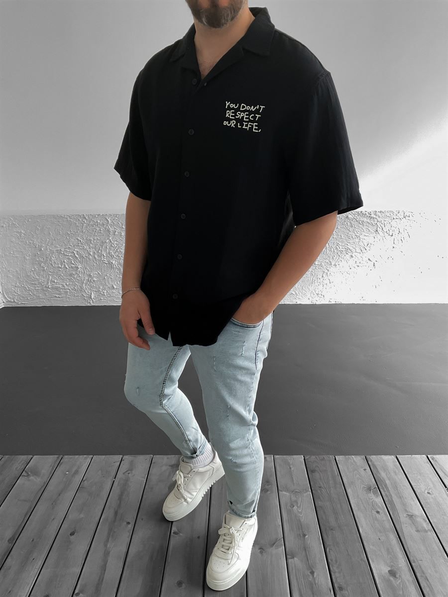 Siyah Respect Nakışlı Oversize Gömlek C-1608