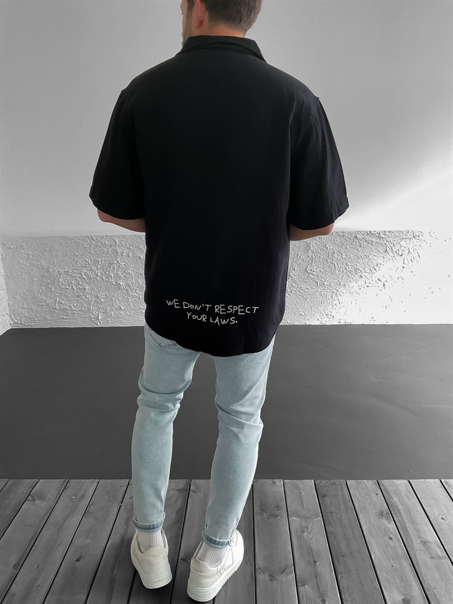 Siyah Respect Nakışlı Oversize Gömlek C-1608