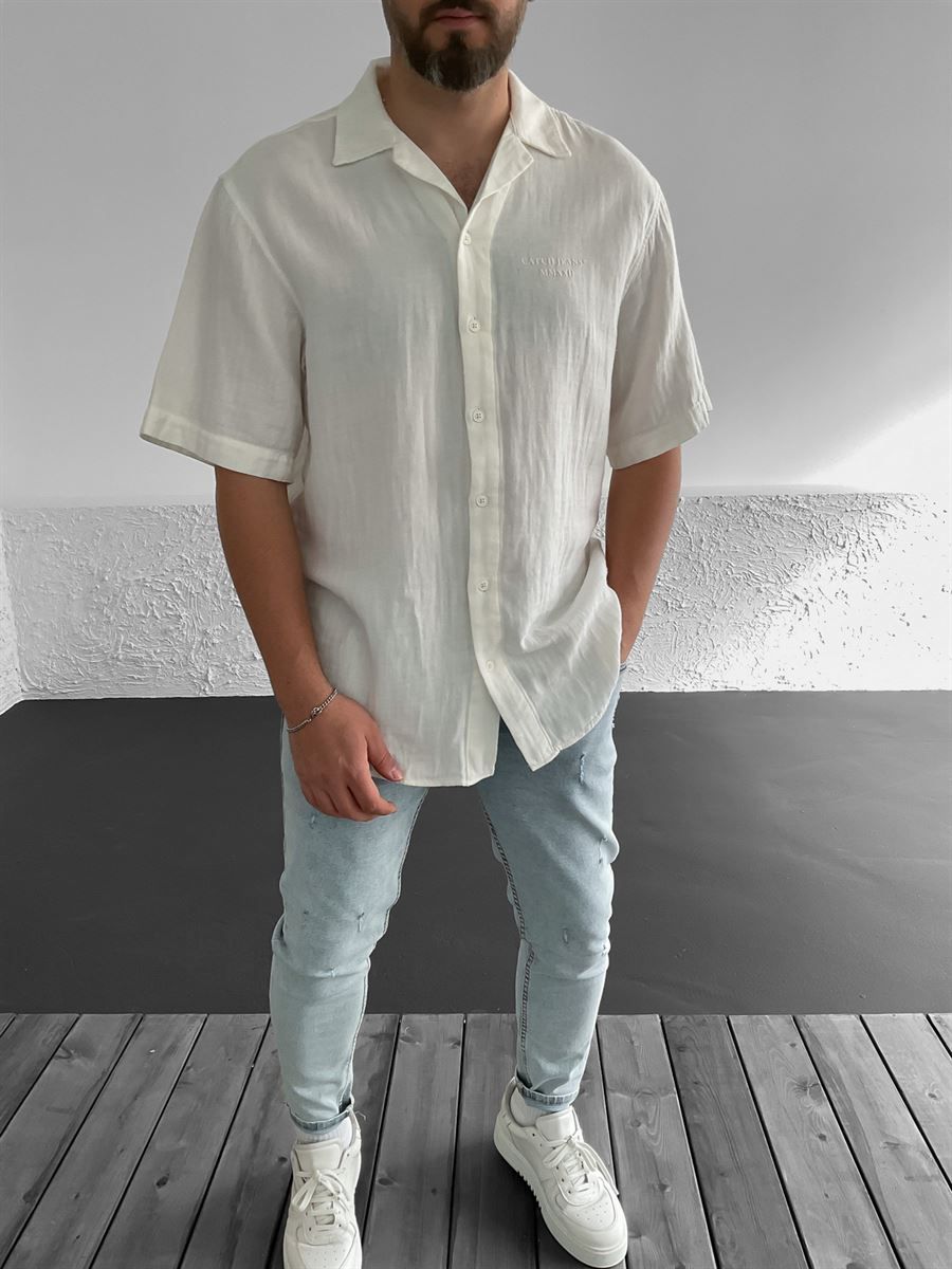 Beyaz Sırtı Şal Desenli Oversize Gömlek C-1583-1