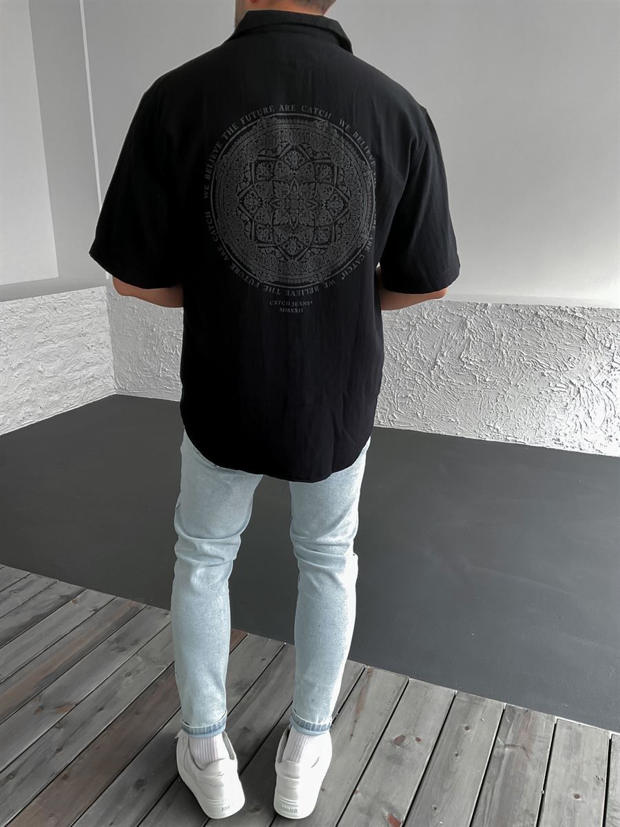 Siyah Sırtı Şal Desenli Oversize Gömlek C-1583-1