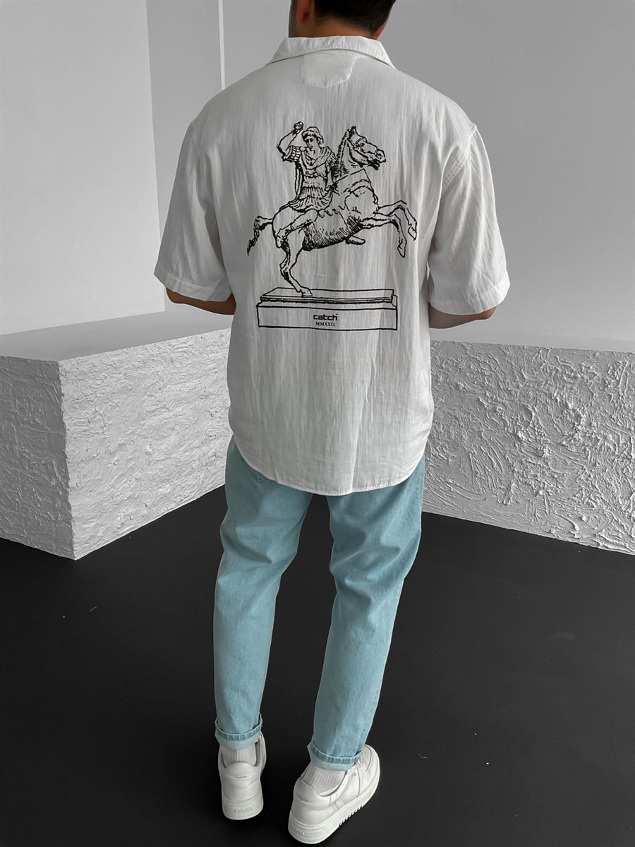 Beyaz Caesar Baskılı Oversize Gömlek C-1584-1