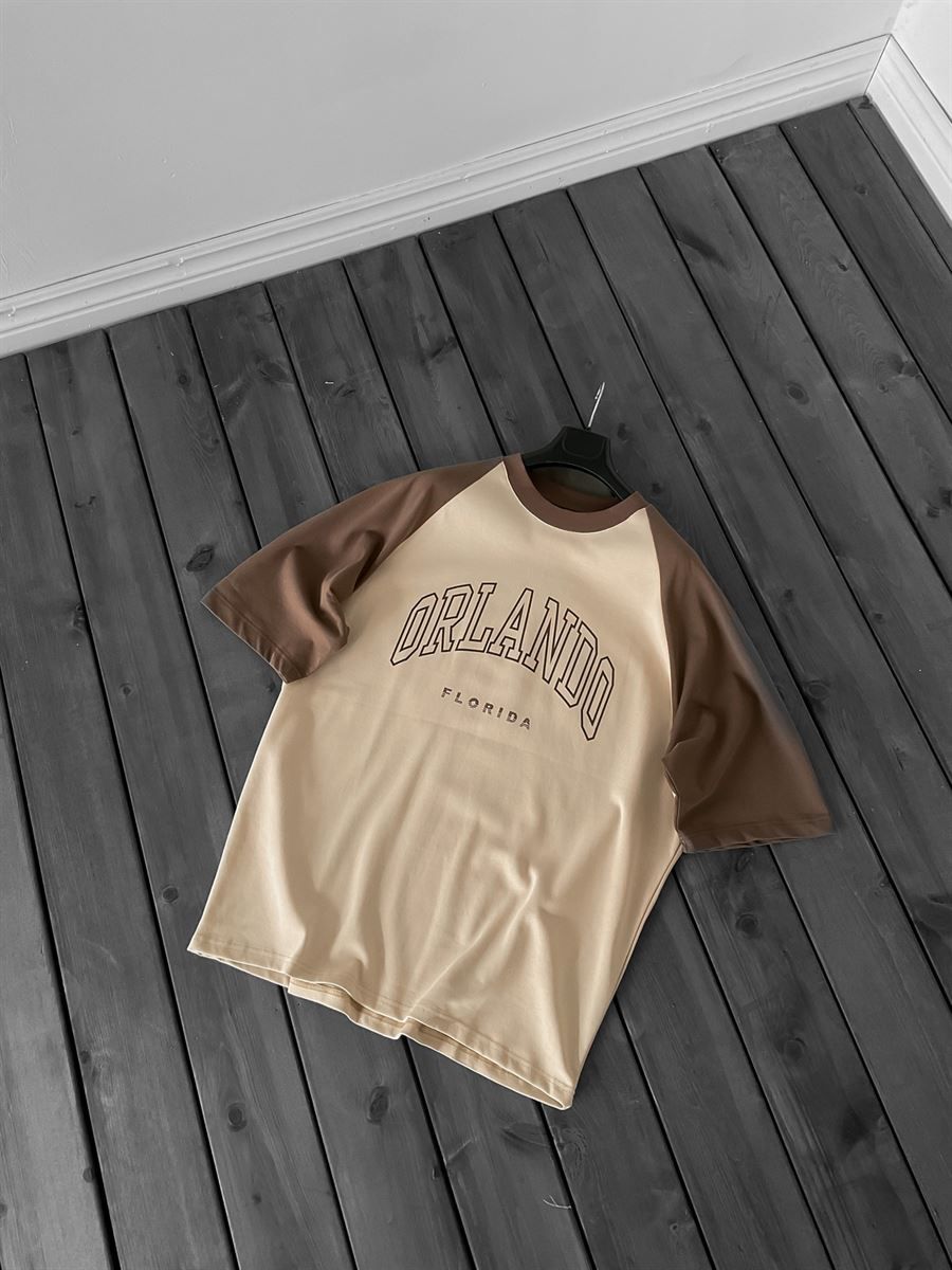 Bej Orlando Baskılı Oversize T-Shirt PM-046