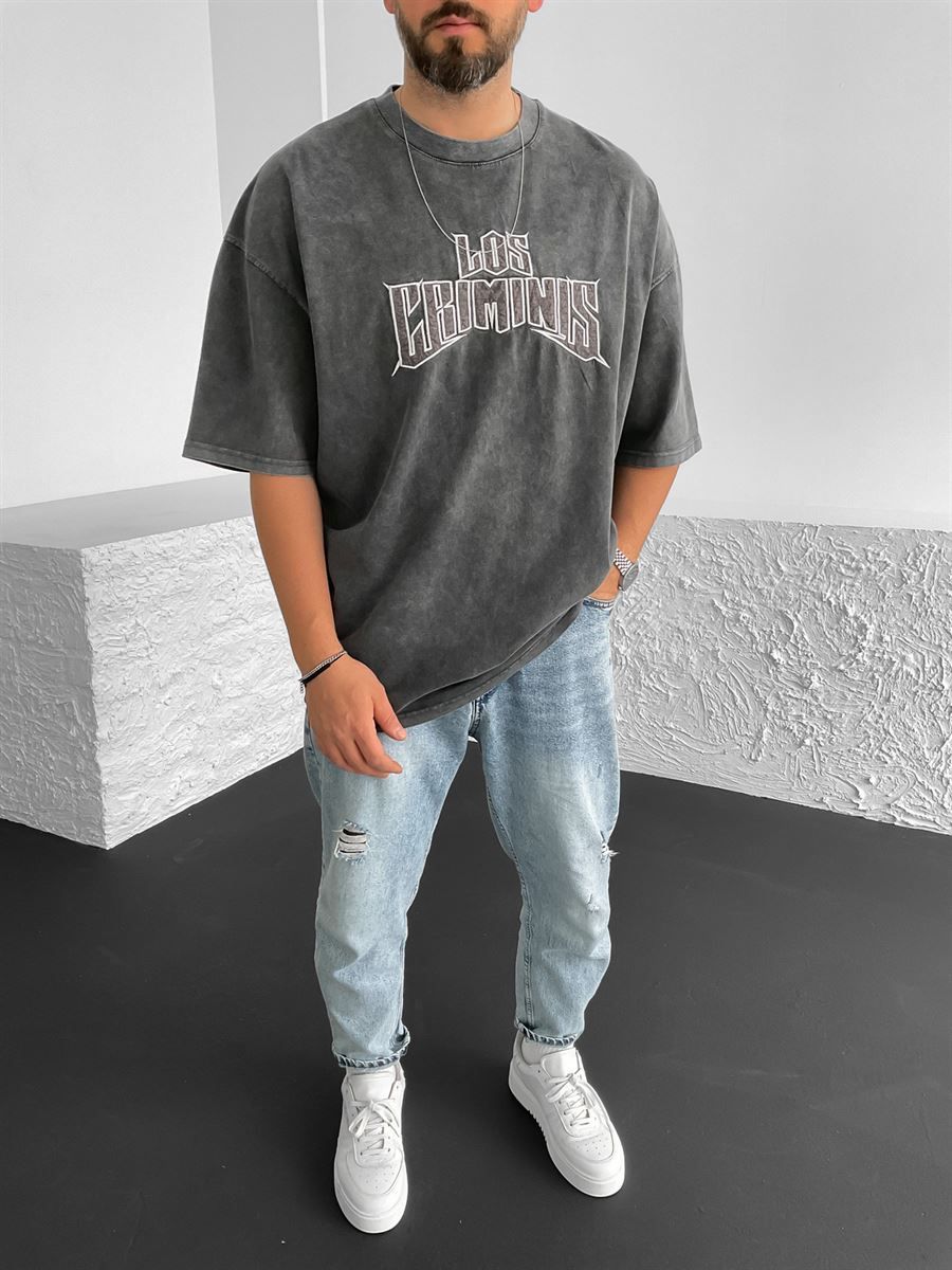 Siyah Los Criminis Yıkamalı Oversize T-Shirt PM-048