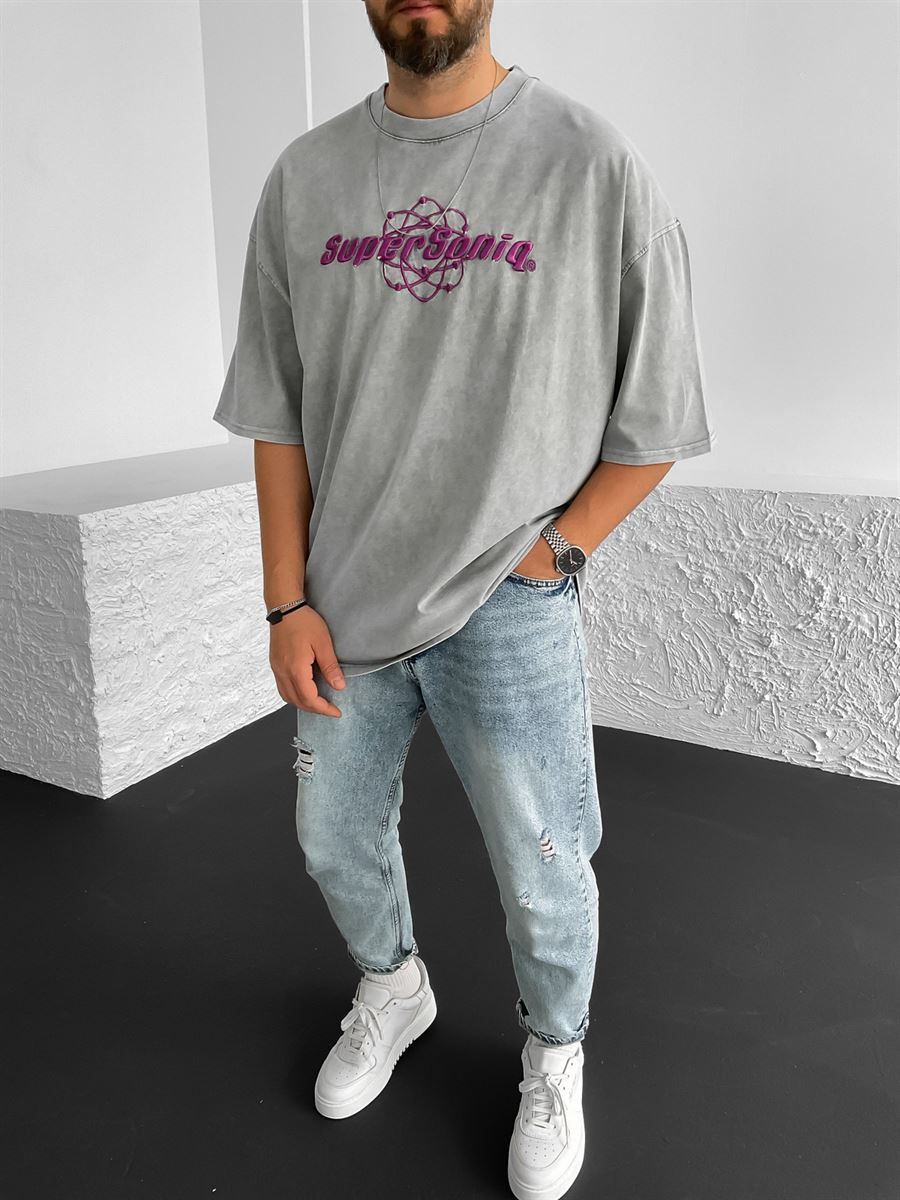 Gri Suporsonia Yıkamalı Oversize T-Shirt PM-049