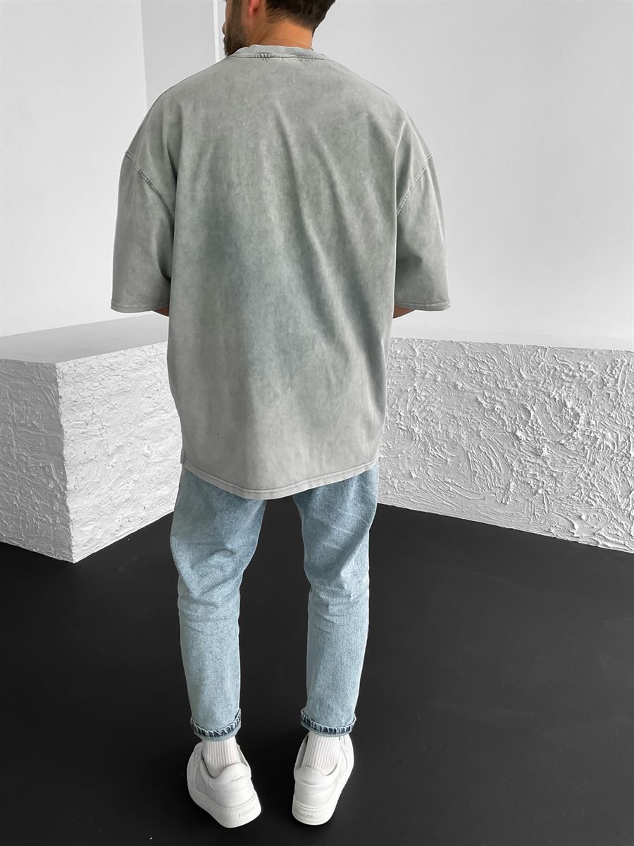 Gri Suporsonia Yıkamalı Oversize T-Shirt PM-049
