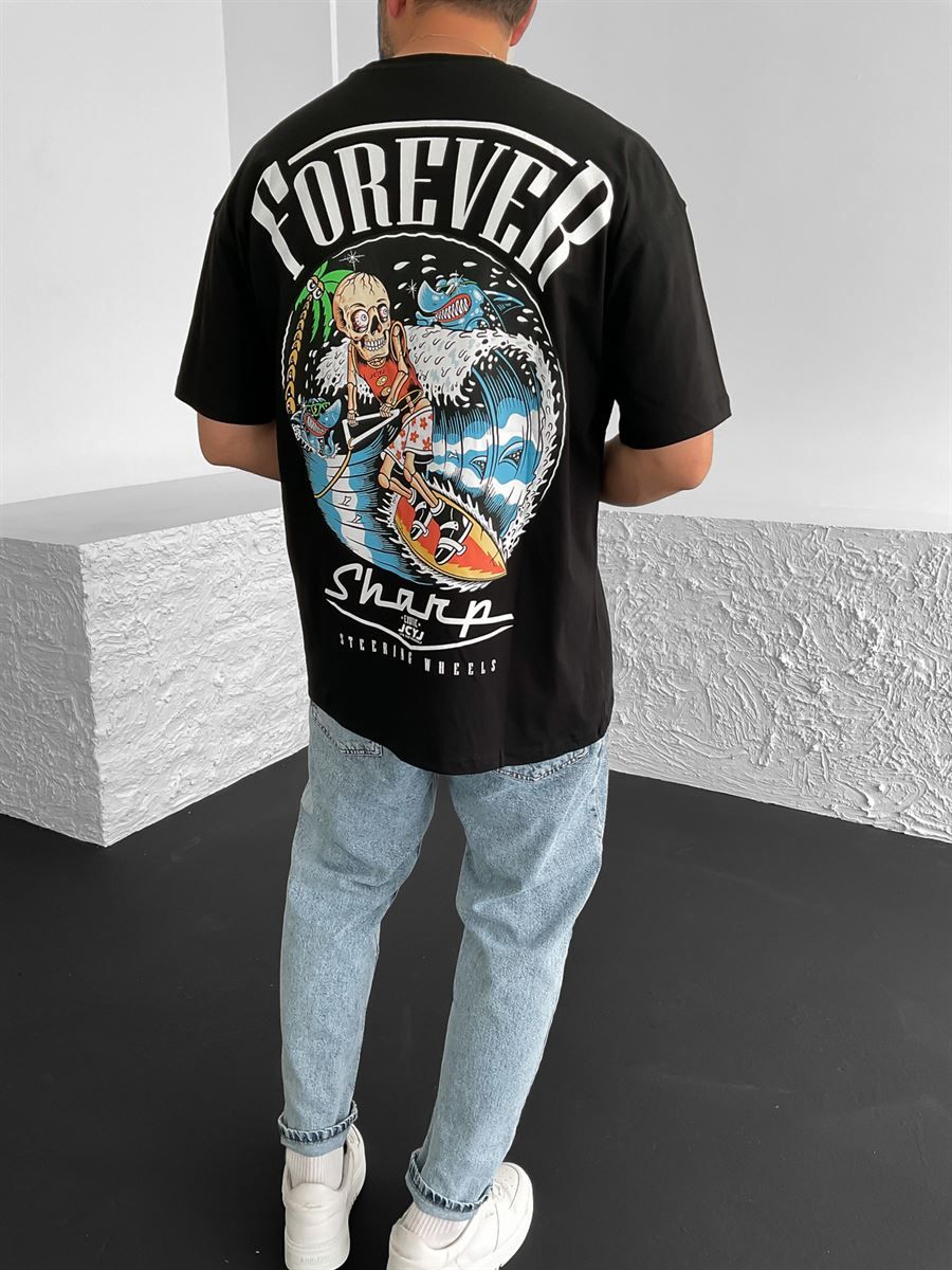 Siyah Forever Baskılı Relaxed Fit T-Shirt JJ-446/431