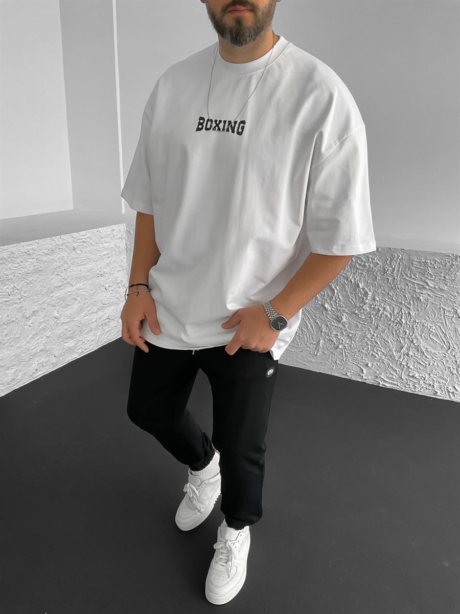 Beyaz Boxing Baskılı Oversize T-Shirt PM-052