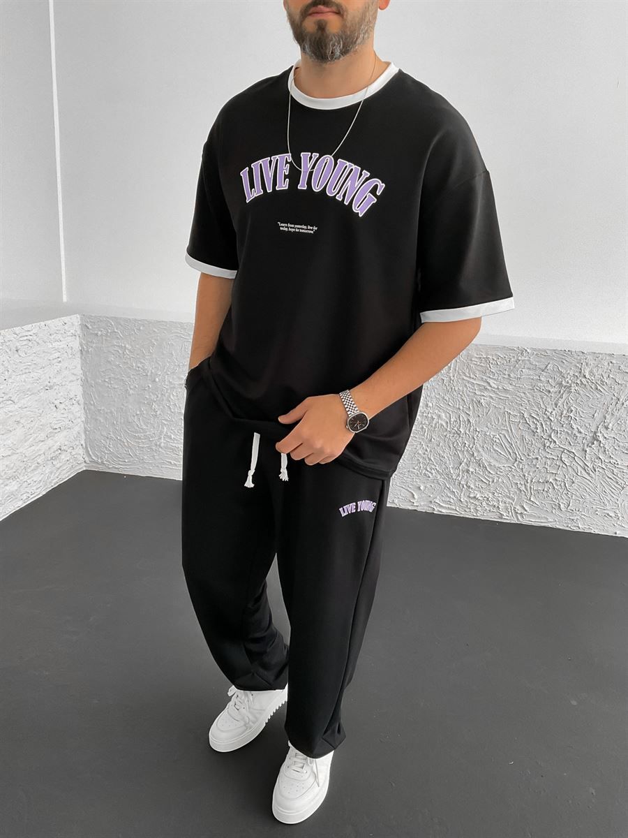 Siyah Live Young Baskılı Oversize T-Shirt V-30-214