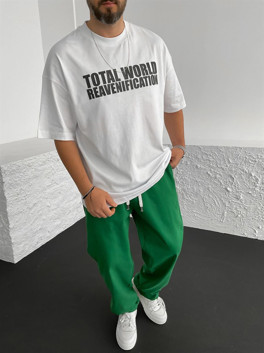 Beyaz Total World Baskılı Oversize T-Shirt M-1792