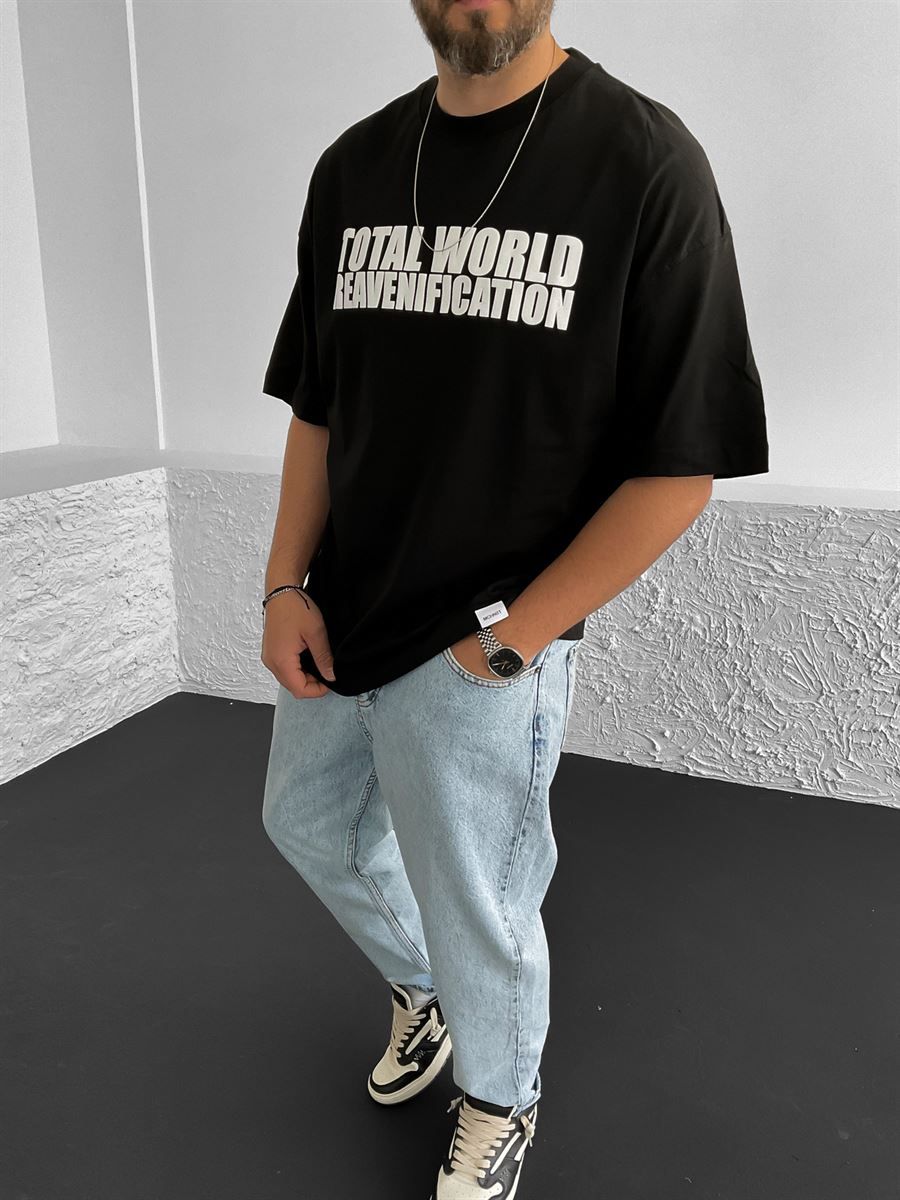 Siyah Total World Baskılı Oversize T-Shirt M-1792