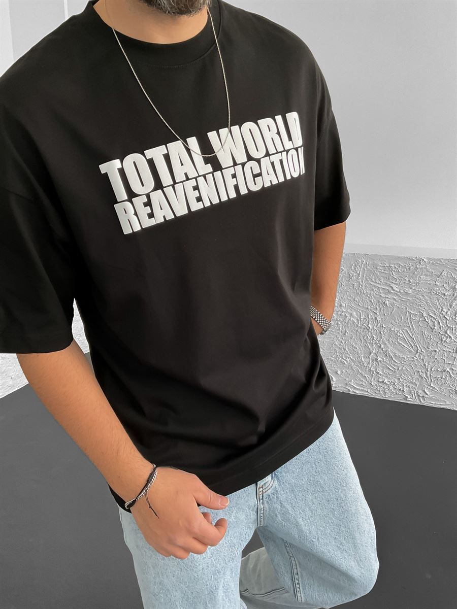 Siyah Total World Baskılı Oversize T-Shirt M-1792