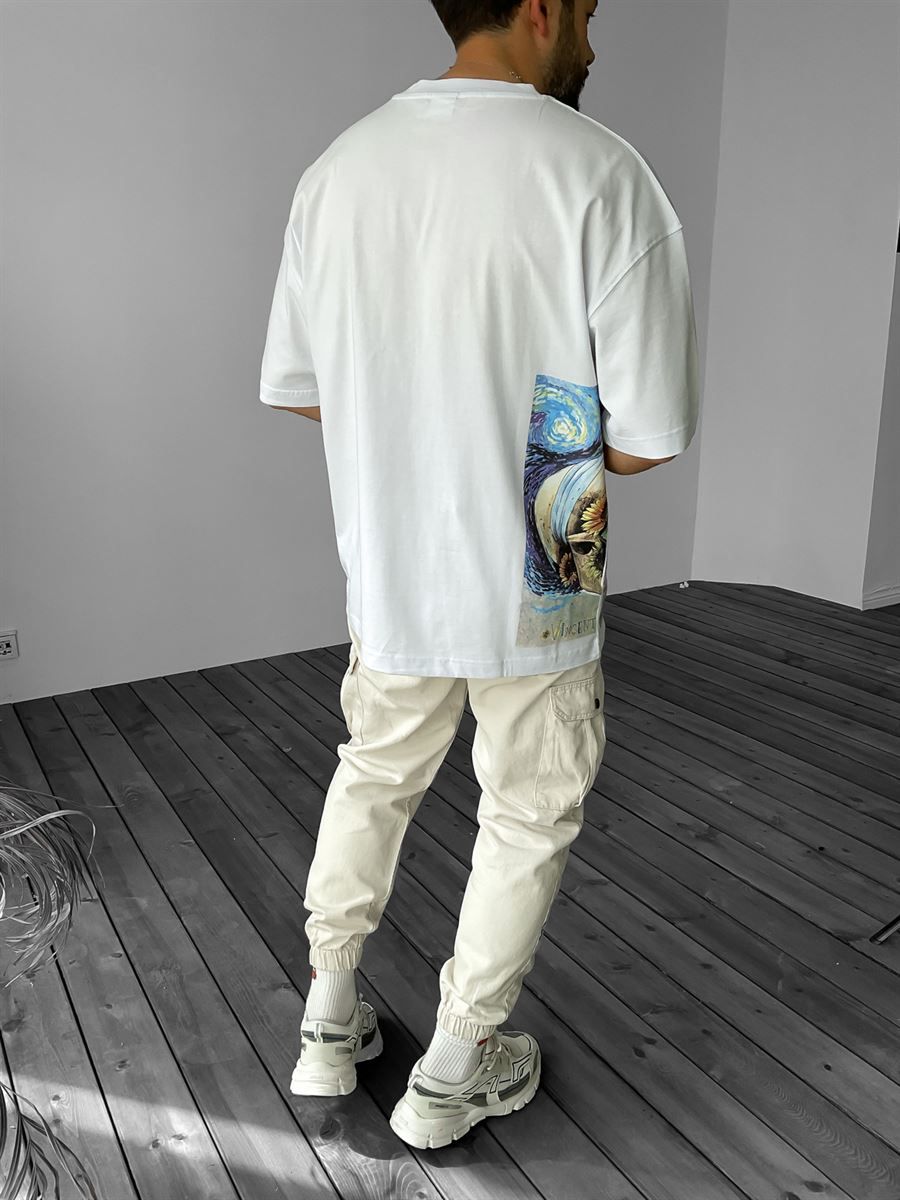 Beyaz Van Gogh Baskılı Oversize T-Shirt M-1800