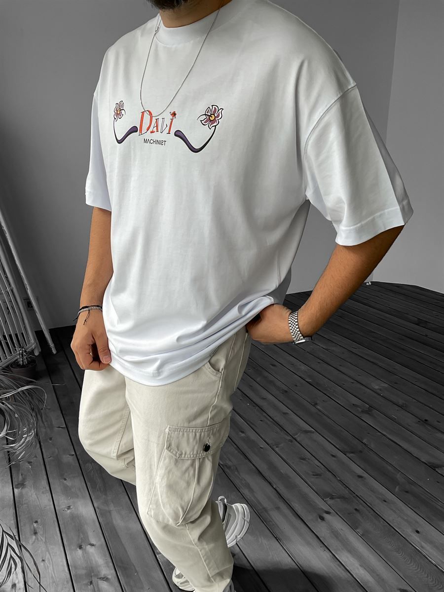 Beyaz Dali Baskılı Oversize T-Shirt M-1801