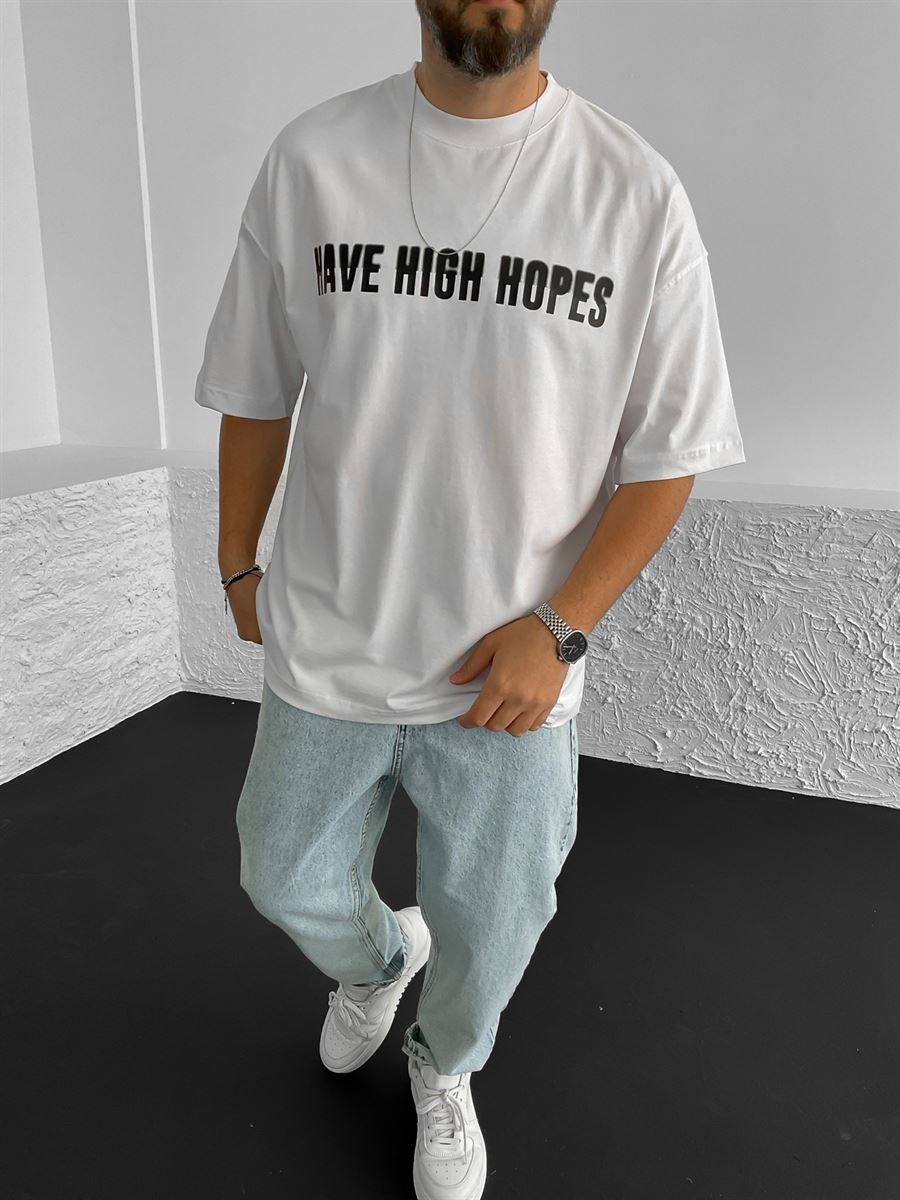 Beyaz Hopes Baskılı Oversize T-Shirt M-1802
